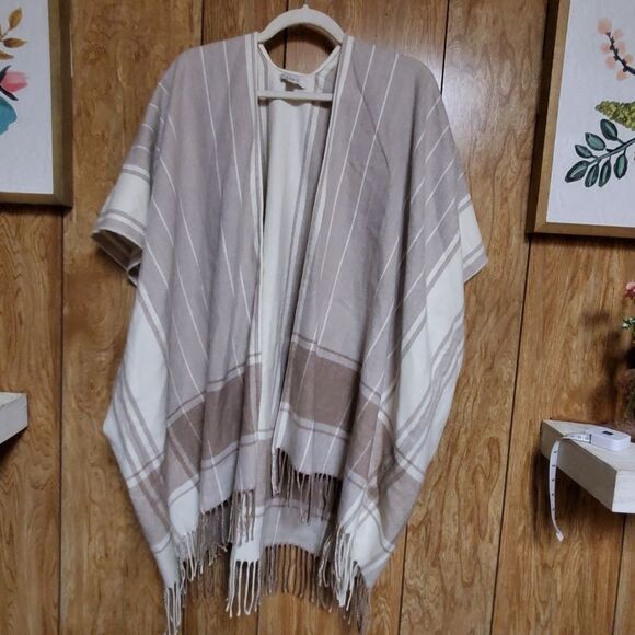 LOFT Oversized Neutral Striped Poncho with Fringe Hem Size XS/S - Picture 2 of 6